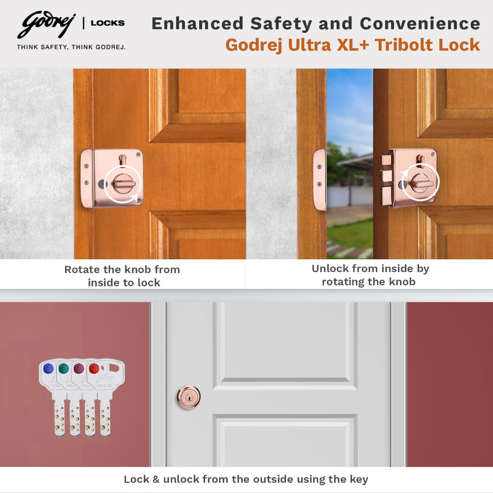 Godrej Rim Lock I Tribolt Ultra XL plus  l 1CK Deadbolt I for Inside Opening Wooden Door | Left or Right Handed Doors I 4 Keys I 5-Year Warranty I Manual Locking l Rose Gold Finish